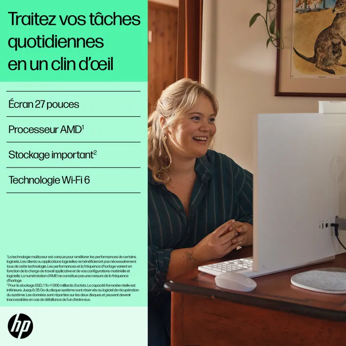 HP 27-cr0074nf PC Tout-en-un 27 FHD IPS, Ryzen 7 7730U, 16 Go, 512 Go SSD, Blanc coquille
