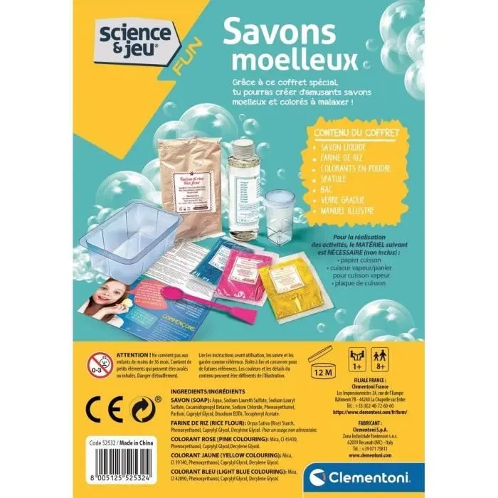 Clementoni - Jeu de science et de création de savons moelleux pour enfants à partir de 8 ans - Kit avec ingrédients et ustensiles inclus - Apprentissage ludique