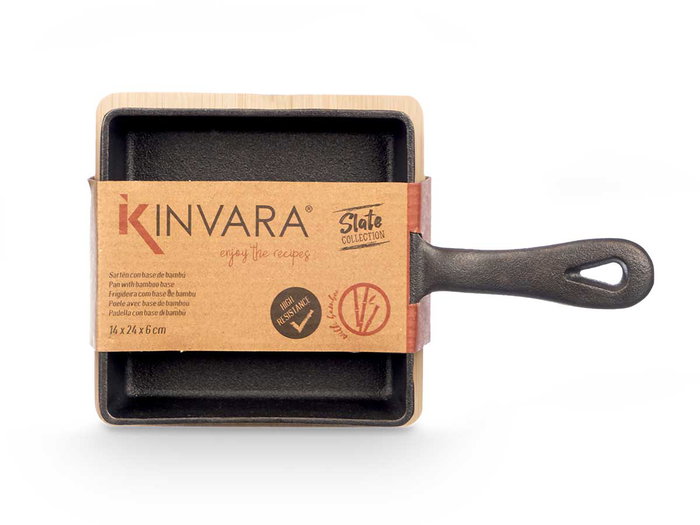 KINVARA Poêle carrée en fer forgé avec plateau en bambou, Gris-Madera