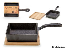 KINVARA Poêle carrée en fer forgé avec plateau en bambou, Gris-Madera