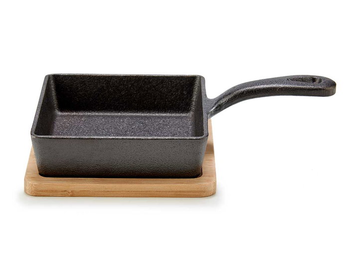 KINVARA Poêle carrée en fer forgé avec plateau en bambou, Gris-Madera
