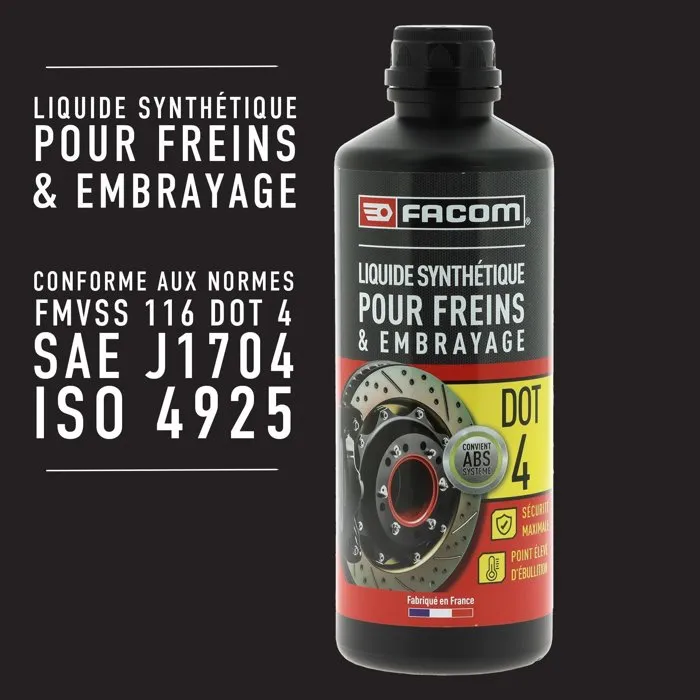 Facom - Liquide de frein synthétique DOT4 - 500 ml - Pour systèmes à disque ou tambours, y compris ABS - Conforme FMVSS 116, SAE J1704, ISO 4925 Facom - Liquide de frein synthétique DOT4 - 500 ml - Pour systèmes à disque ou tambours, y compris ABS - Conforme FMVSS 116, SAE J1704, ISO 4925