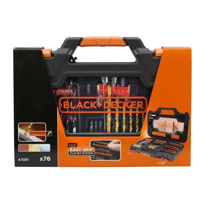 BLACK+DECKER A7231-XJ - Coffret de perçage et vissage 76 accessoires - Forets bois, béton, HSS-TiN, douilles, embouts et fraise