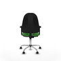 Chaise de bureau Algarra avec mécanisme de contact permanent de base, recouverte de tissu vert. Équipée d'une base chromée, d'accoudoirs 2D et de roulettes autobloquantes