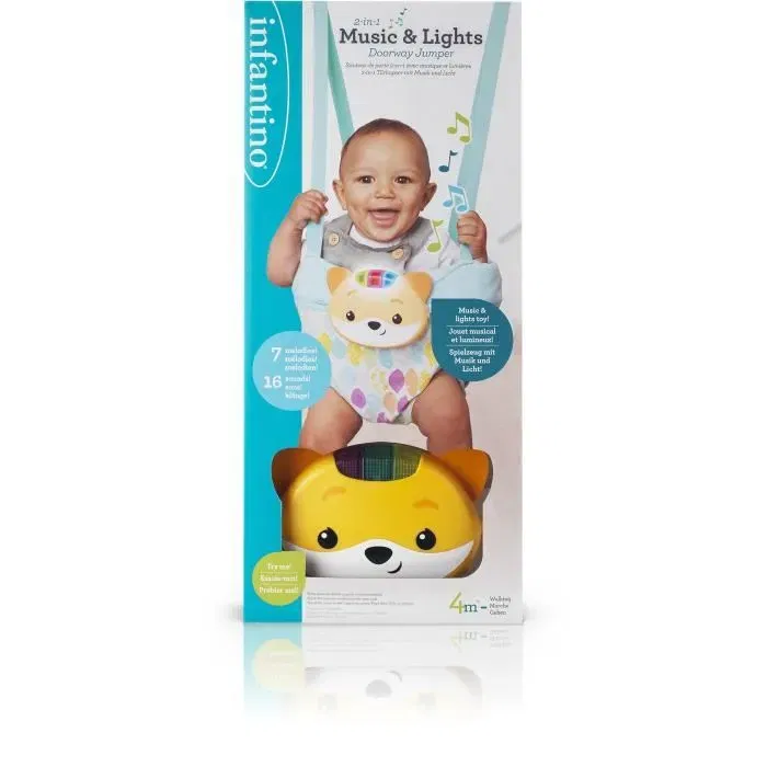 Infantino Sauteur de Porte Bébé 2 en 1 Renard avec Sons et Lumières - Jouet Musical Amusant et Harnais Réglable - Réf. 303117