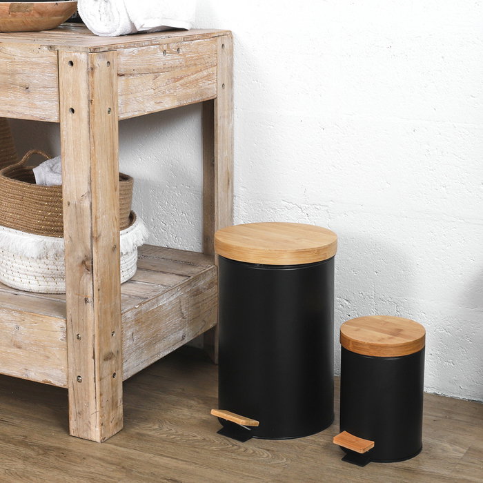 Je cherche une Idee Ensemble de 2 poubelles à pédale en métal et bambou, Noir