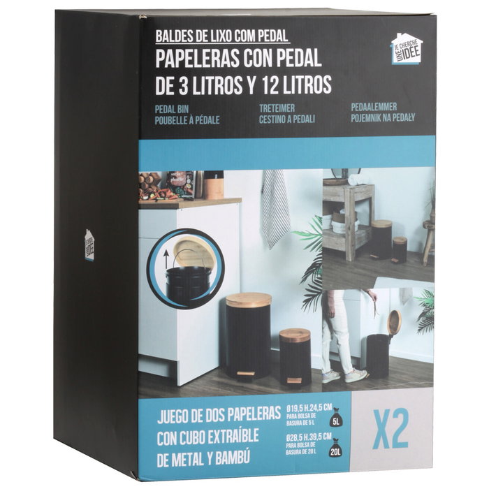 Je cherche une Idee Ensemble de 2 poubelles à pédale en métal et bambou, Noir