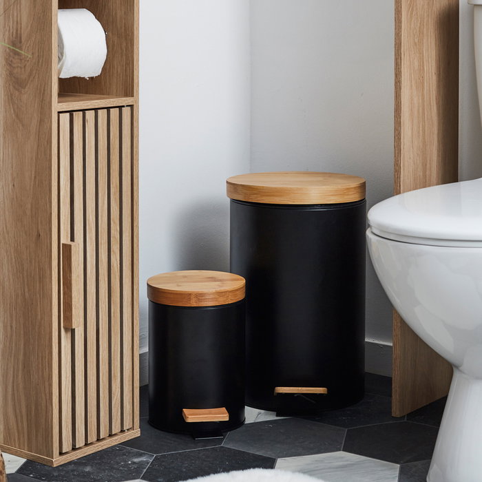 Je cherche une Idee Ensemble de 2 poubelles à pédale en métal et bambou, Noir