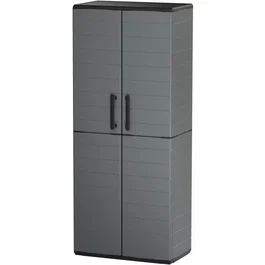 TOOD - Armoire haute de rangement avec 2 portes et 3 étagères - 68 x 37 x 163 cm - Polypropylène robuste - Design gris moderne - Pour garage, cellier ou atelier