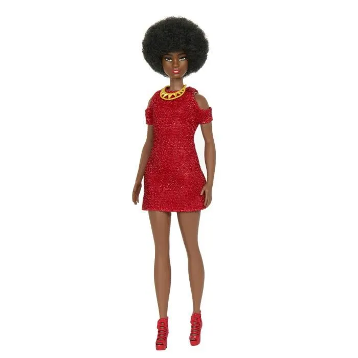 Barbie Fashionistas Poupée Cheveux Noirs Robe Rouge HRH18