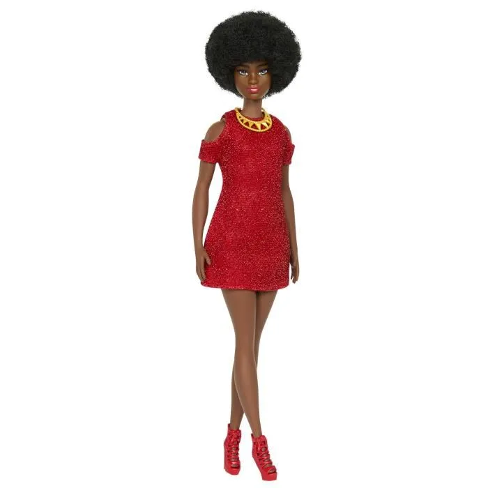 Barbie Fashionistas Poupée Cheveux Noirs Robe Rouge HRH18