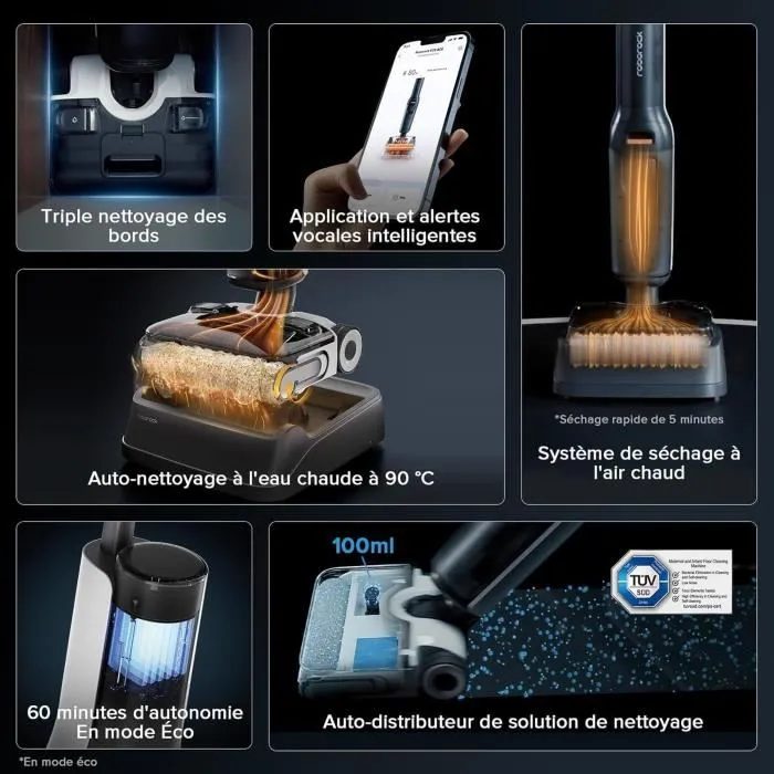 Roborock F25 Ace Combo Noir - Aspirateur balai laveur sans fil 5 en 1, Puissance 20 kPa, Lavage à chaud 90 °C, Auto-nettoyage automatique, 870 ml