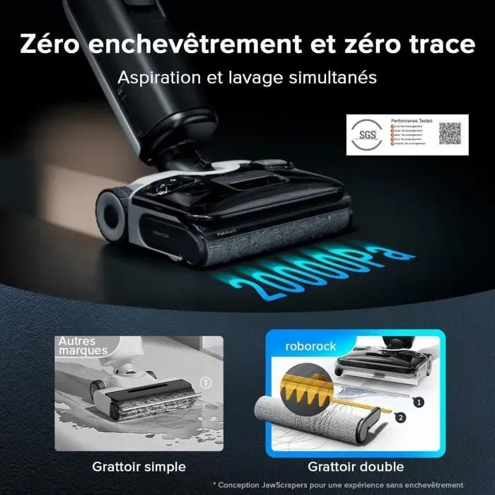 Roborock F25 Ace Combo Noir - Aspirateur balai laveur sans fil 5 en 1, Puissance 20 kPa, Lavage à chaud 90 °C, Auto-nettoyage automatique, 870 ml