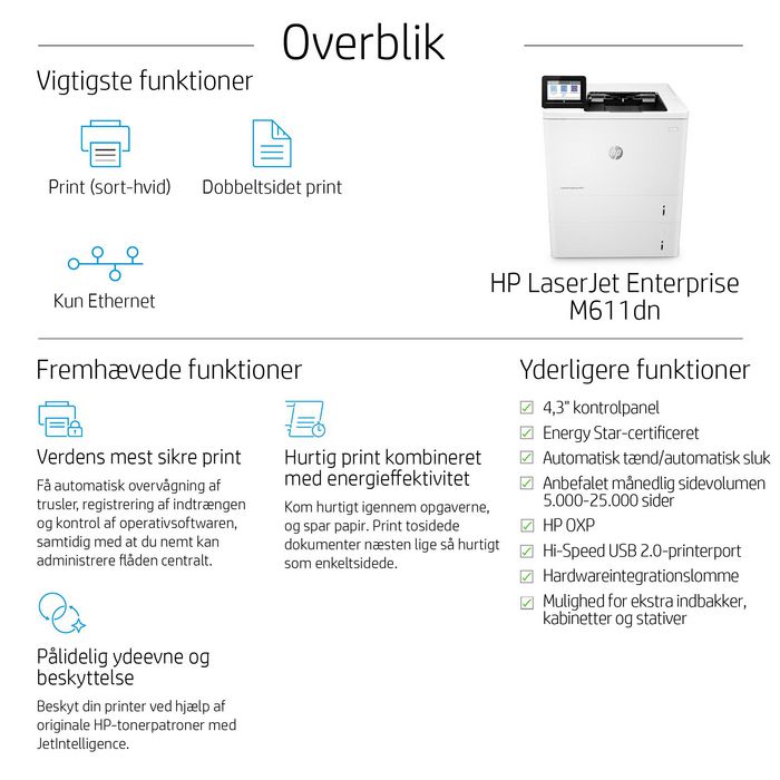 HP LaserJet Enterprise M611dn - Imprimante laser monochrome réseau, recto-verso automatique, jusqu'à 65 ppm, JetIntelligence, sécurité dynamique