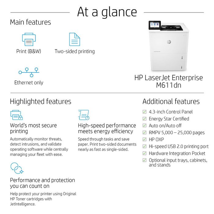 HP LaserJet Enterprise M611dn - Imprimante laser monochrome réseau, recto-verso automatique, jusqu'à 65 ppm, JetIntelligence, sécurité dynamique