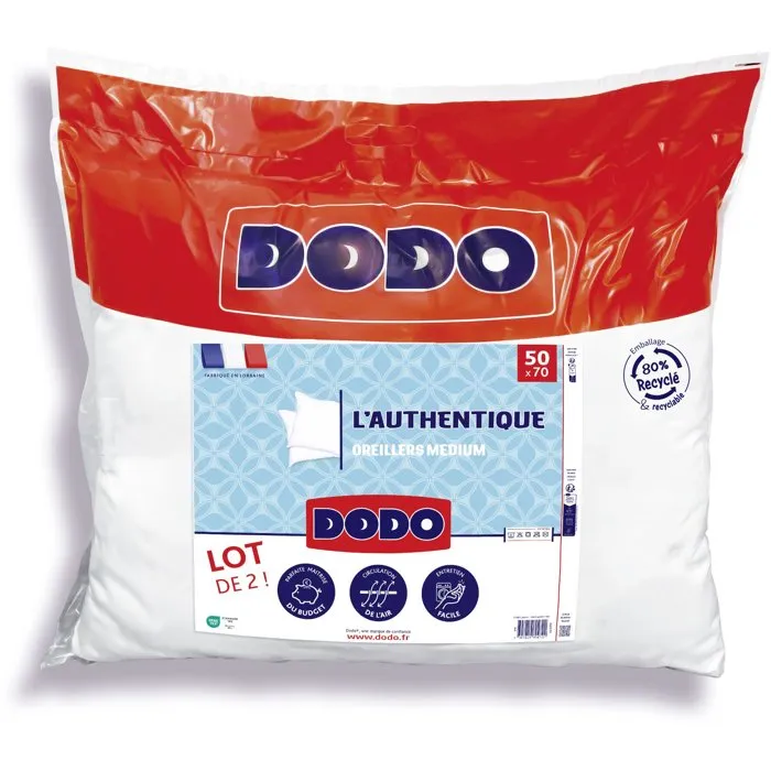 Dodo Lot de 2 Oreillers Médium L'Authentique 50 x 70 cm Blanc - Garnissage Polyester Dodo Lot de 2 Oreillers Médium L'Authentique 50 x 70 cm Blanc - Garnissage Polyester