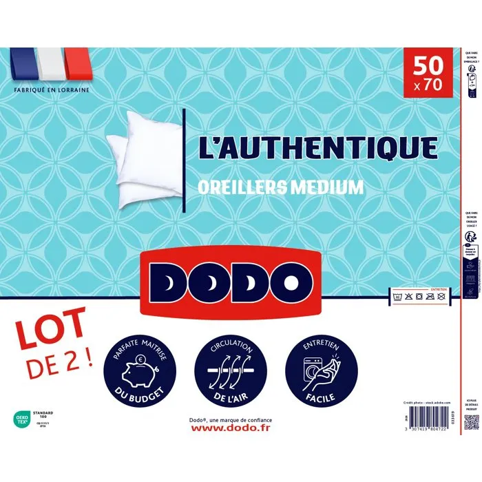 Dodo Lot de 2 Oreillers Médium L'Authentique 50 x 70 cm Blanc - Garnissage Polyester Dodo Lot de 2 Oreillers Médium L'Authentique 50 x 70 cm Blanc - Garnissage Polyester
