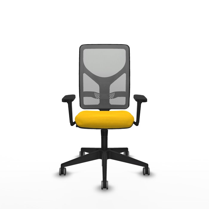 Chaise Motilla Synchro 3 positions tissu Jaune Maille Gris Base pyramidale noire Accoudoir 3D Sans appui-tête Roulettes 65mm pour moquette