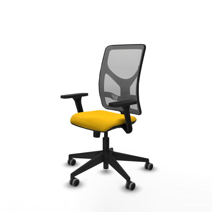 Chaise Motilla Synchro 3 positions tissu Jaune Maille Gris Base pyramidale noire Accoudoir 3D Sans appui-tête Roulettes 65mm pour moquette