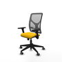Chaise Motilla Synchro 3 positions tissu Jaune Maille Gris Base pyramidale noire Accoudoir 3D Sans appui-tête Roulettes 65mm pour moquette