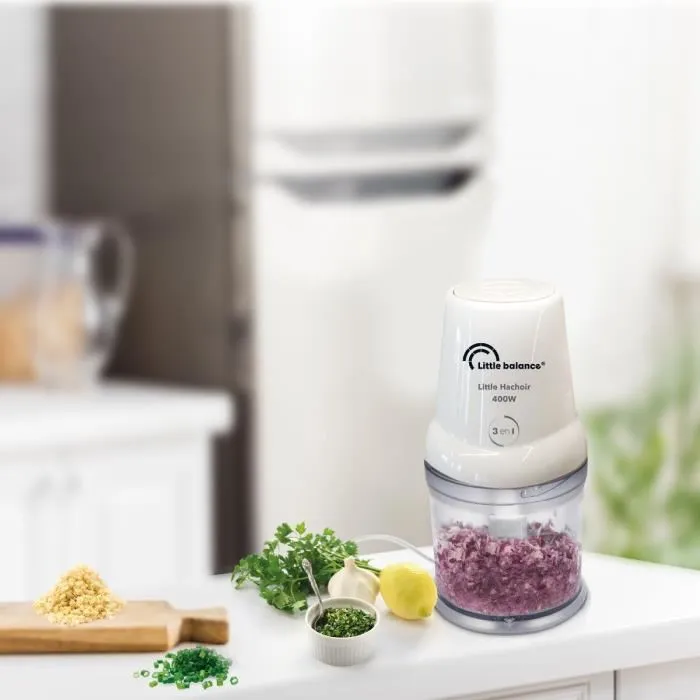 Little Balance Mini Hachoir Électrique 3 en 1 - 400W, Capacité 0.5L, 4 Lames, Émulsionneur, Couteau et Ciseleur - Accessoires Complets, Pieds Anti-Dérapants