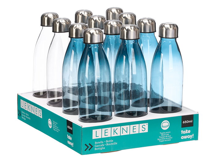 Leknes Bouteille bouchon acier 650 ml, assortiment, 7 x 25,5 x 7 cm, plastique et métal (Set de 24)