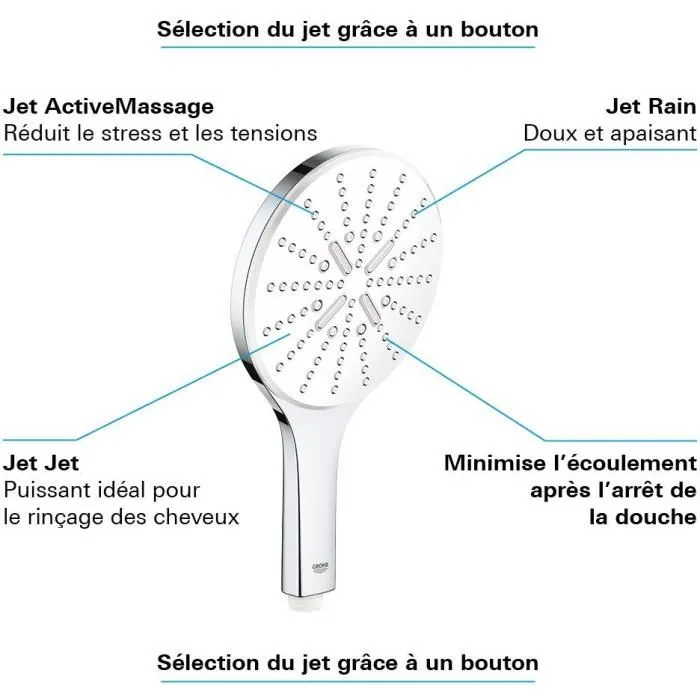 GROHE Douchette 3 Jets Vitalio SmartActive 150 - Jet Rain, Jet et ActiveMassage avec DripStop, Anti-Calcaire, Débit 9.5 l/min, Montage Universel, Chromé