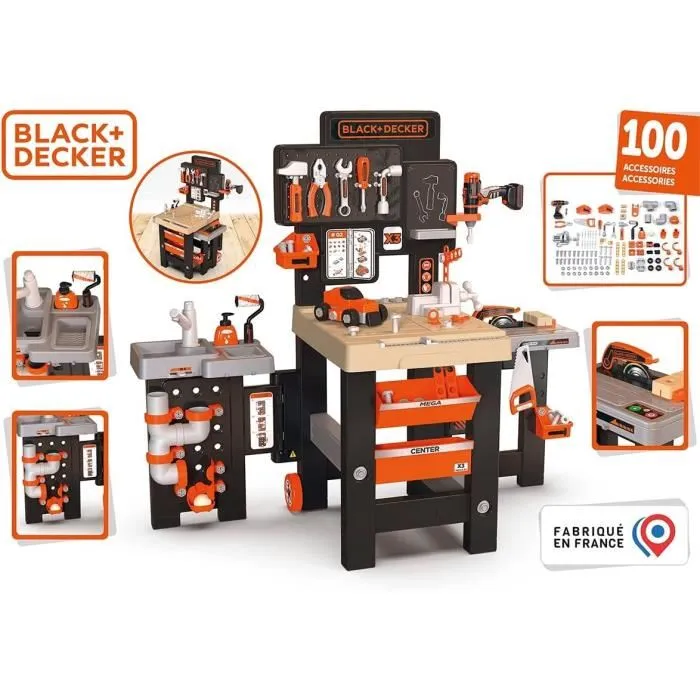 Smoby - Atelier de bricolage Black and Decker Mega Center - 3 univers : mécanique, plomberie, menuiserie - Nombreux accessoires - Jouet fabrication française Smoby - Atelier de bricolage Black and Decker Mega Center - 3 univers : mécanique, plomberie, menuiserie - Nombreux accessoires - Jouet fabrication française