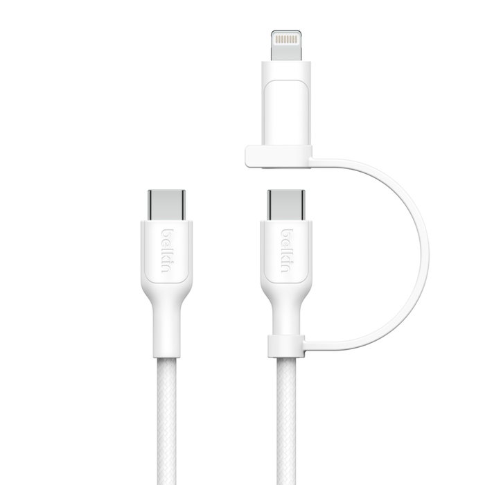 Belkin BoostCharge Pro 2-en-1 Câble USB-C et Lightning, 1,5 m, Blanc Belkin BoostCharge Pro 2-en-1 Câble USB-C et Lightning, 1,5 m, Blanc