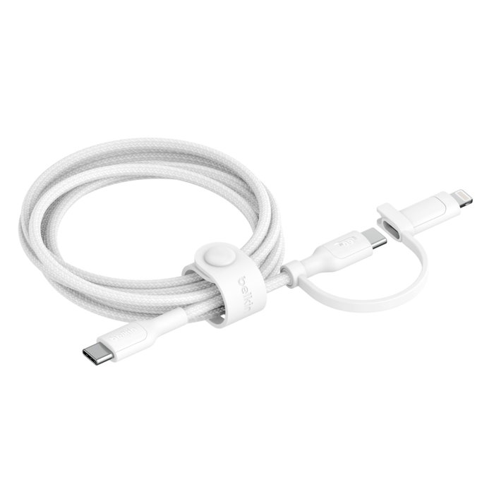 Belkin BoostCharge Pro 2-en-1 Câble USB-C et Lightning, 1,5 m, Blanc Belkin BoostCharge Pro 2-en-1 Câble USB-C et Lightning, 1,5 m, Blanc