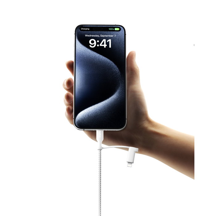 Belkin BoostCharge Pro 2-en-1 Câble USB-C et Lightning, 1,5 m, Blanc Belkin BoostCharge Pro 2-en-1 Câble USB-C et Lightning, 1,5 m, Blanc