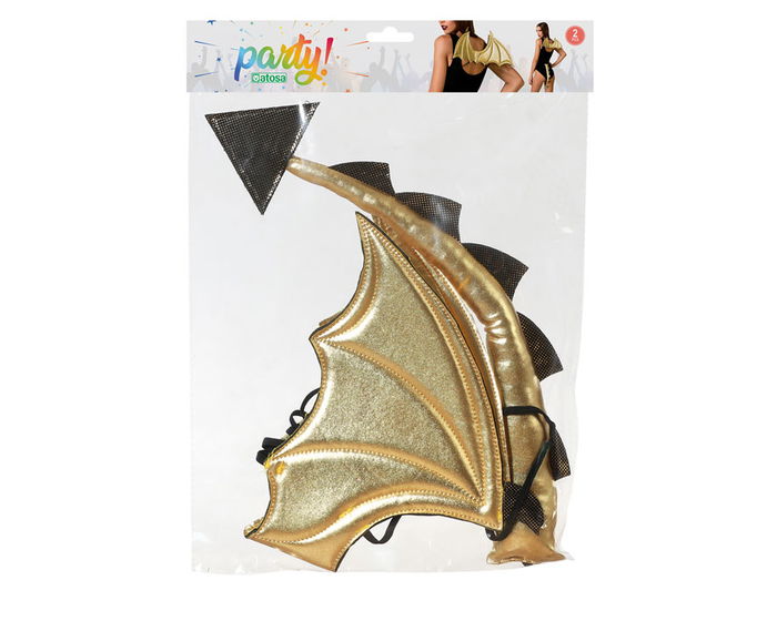 Wings World Ensemble d'Ailes de Dragon Dorées avec Queue Brillante pour Costume Fantastique, Halloween et Carnaval