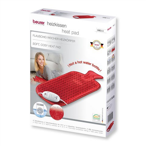 Beurer HK-44 Coussin chauffant électrique souple en forme de bouillotte, 30x50 cm, rouge, lavable, arrêt automatique 90 min