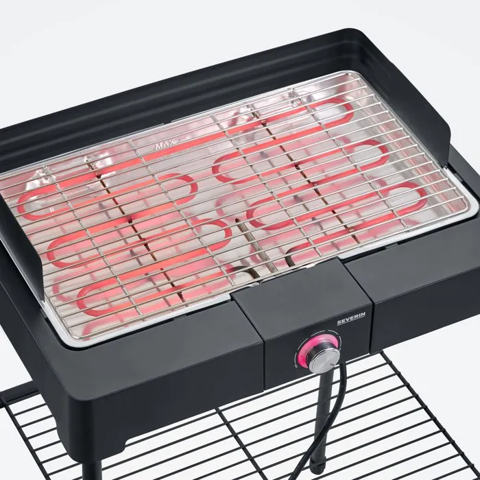 Severin PG8566 - Barbecue électrique sur pieds 2200 W, surface de cuisson 44.5 x 26 cm, thermostat réglable, grille inox, noir - Utilisable en table