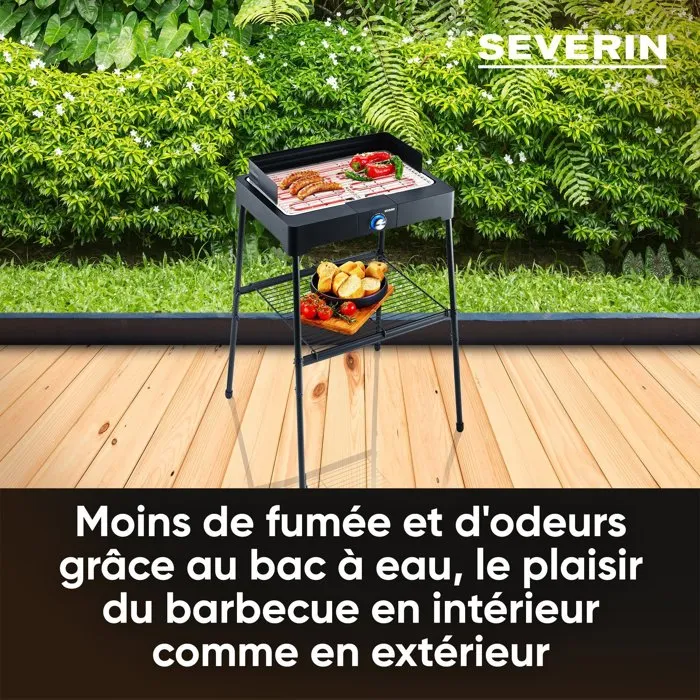 Severin PG8566 - Barbecue électrique sur pieds 2200 W, surface de cuisson 44.5 x 26 cm, thermostat réglable, grille inox, noir - Utilisable en table