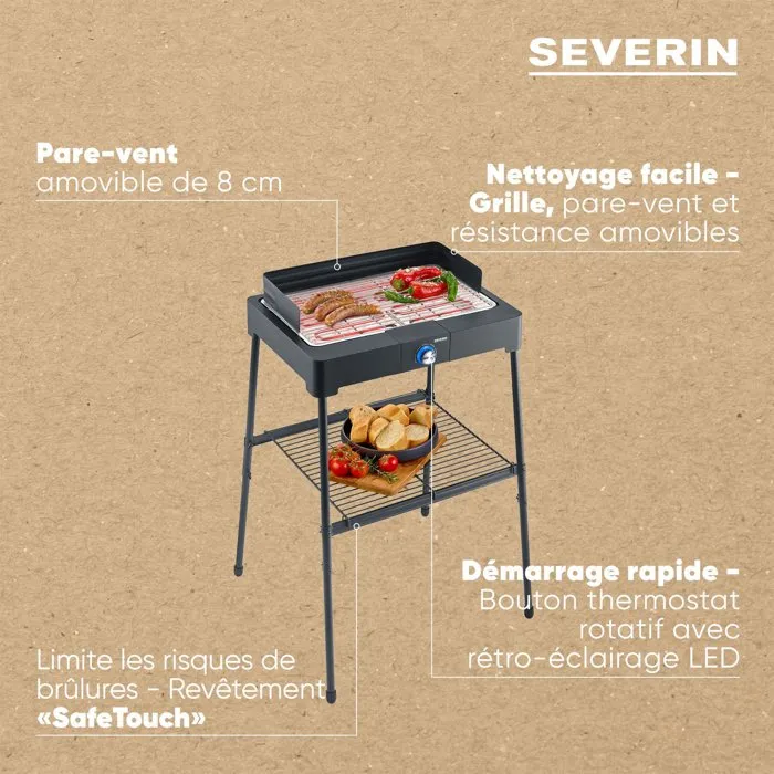 Severin PG8566 - Barbecue électrique sur pieds 2200 W, surface de cuisson 44.5 x 26 cm, thermostat réglable, grille inox, noir - Utilisable en table