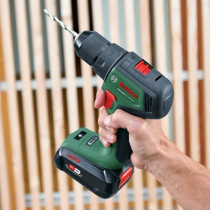 Bosch Perceuse-visseuse sans fil 18V UniversalDrill 18V-60 (2 batteries Li-ion 2,0 Ah) - Moteur Brushless, couple 60 Nm, mandrin auto 13 mm, 1900 tr/min, 1.3 kg, coffret Bosch Perceuse-visseuse sans fil 18V UniversalDrill 18V-60 (2 batteries Li-ion 2,0 Ah) - Moteur Brushless, couple 60 Nm, mandrin auto 13 mm, 1900 tr/min, 1.3 kg, coffret