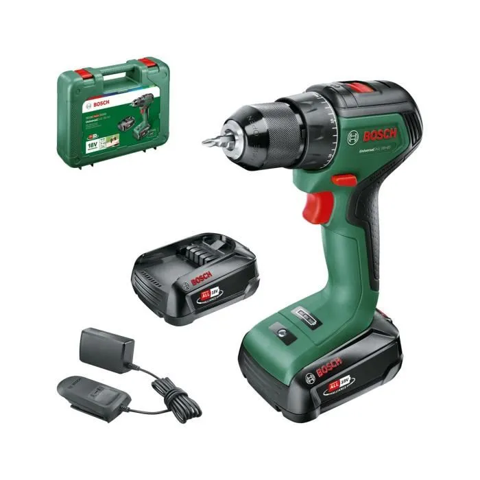 Bosch Perceuse-visseuse sans fil 18V UniversalDrill 18V-60 (2 batteries Li-ion 2,0 Ah) - Moteur Brushless, couple 60 Nm, mandrin auto 13 mm, 1900 tr/min, 1.3 kg, coffret Bosch Perceuse-visseuse sans fil 18V UniversalDrill 18V-60 (2 batteries Li-ion 2,0 Ah) - Moteur Brushless, couple 60 Nm, mandrin auto 13 mm, 1900 tr/min, 1.3 kg, coffret