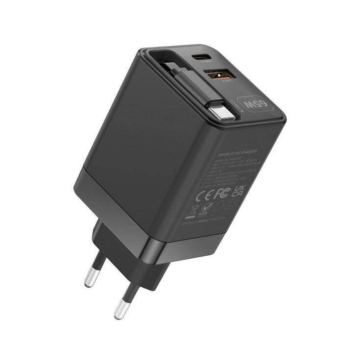 Mars Gaming MDGAN65R Chargeur mural GaN 65W USB-C rétractable QC 3.0 PD 3.0 Noir