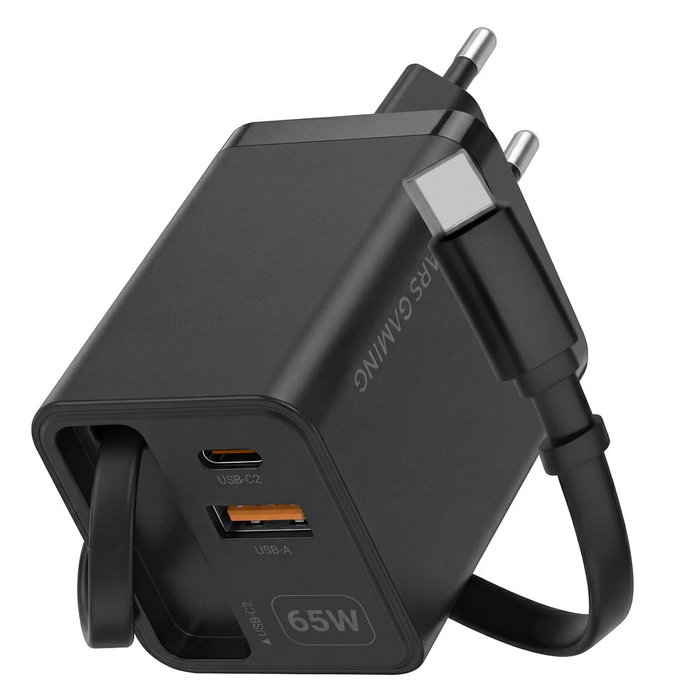 Mars Gaming MDGAN65R Chargeur mural GaN 65W USB-C rétractable QC 3.0 PD 3.0 Noir