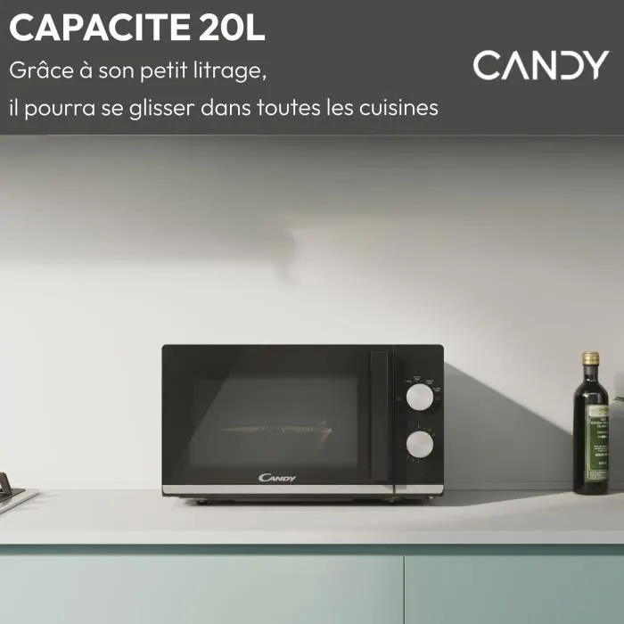 Candy CMW20TNMB Micro-ondes 20L 700W Monofonction Mécanique Noir - Fonction Décongélation - Plateau Tournant en Verre 24.5cm - 6 Niveaux de Puissance