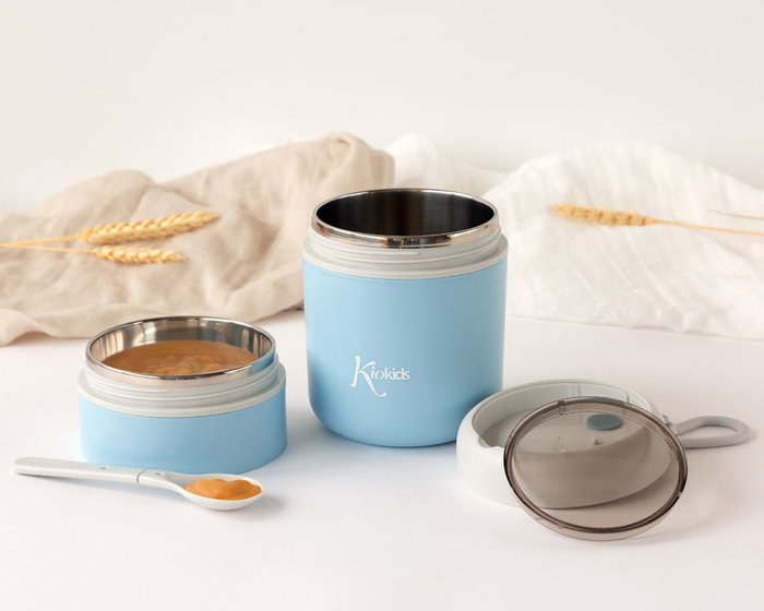 KioKids Termo 710 mL pour bébé en acier inoxidable avec compartiments isothermes et cuillère, bleu - 0 mois et plus KioKids Termo 710 mL pour bébé en acier inoxidable avec compartiments isothermes et cuillère, bleu - 0 mois et plus