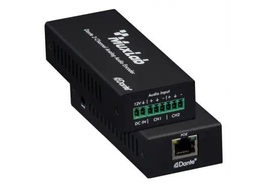 Muxlab Codeur Audio Analogique Dante 2 Canaux – Entrée/Sortie Euroblock – Alimentation 12V DC ou PoE – Noir