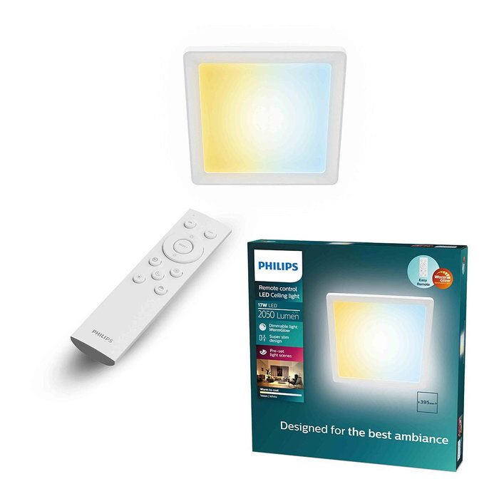 Philips Valen Plafonnier LED carré blanc 17W 2050lm 2200-6500K dimmable avec télécommande 395x37x395mm