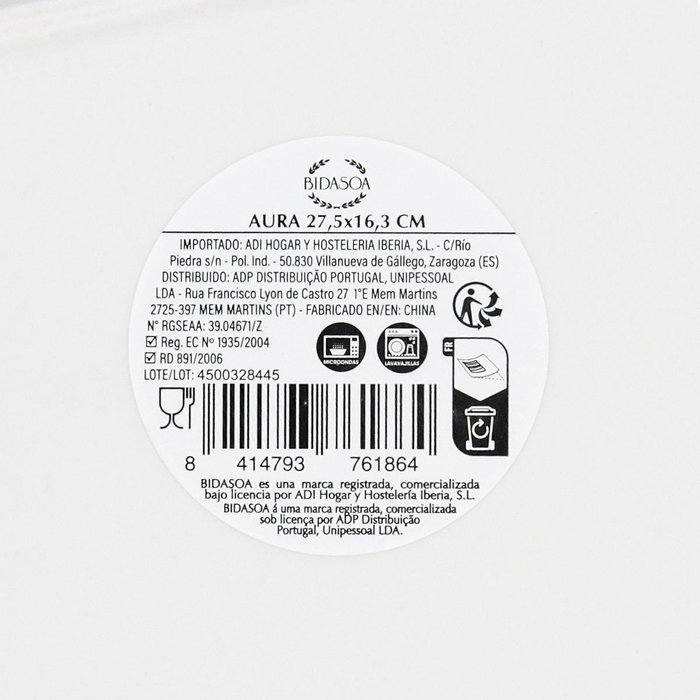 Bandeja Porcelana Aura Bidasoa 27,5x16,3 cm (6 Unidades)
