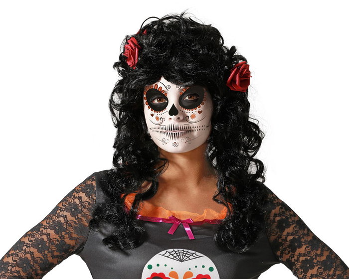 Perruque de Catrina noire avec boucles et roses Perruque de Catrina noire avec boucles et roses