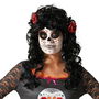Peluca de catrina noir à boucles et roses rouges, perruque de déguisement Halloween, fête des morts, 140 g