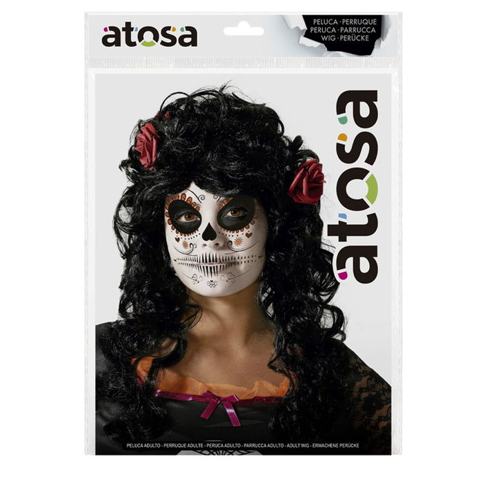 Peluca de catrina noir à boucles et roses rouges, perruque de déguisement Halloween, fête des morts, 140 g