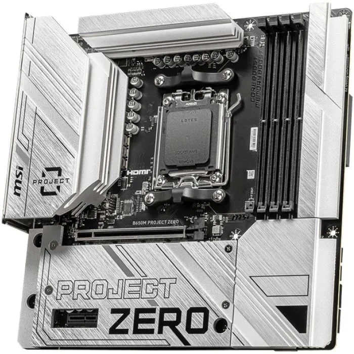 MSI Carte mère B650M PROJECT ZERO Socket AM5 Chipset AMD B650 WiFi 6E Bluetooth 5.3 Support AMD Ryzen 7000/8000 DDR5 jusqu'à 7600 MHz 2x M.2 NVMe PCIe 4.0 MSI Carte mère B650M PROJECT ZERO Socket AM5 Chipset AMD B650 WiFi 6E Bluetooth 5.3 Support AMD Ryzen 7000/8000 DDR5 jusqu'à 7600 MHz 2x M.2 NVMe PCIe 4.0