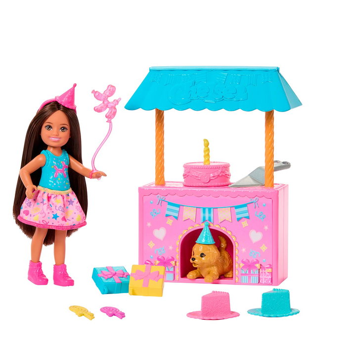 Barbie Muñeca Chelsea Fiesta De Cumpleaños Jjb41 - Jeu de fête 2-en-1 avec cabane transformable et 12 accessoires pour enfant +3 ans
